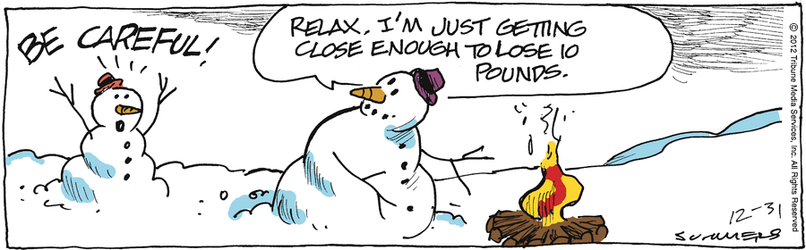 Карикатура Снеговик на костре