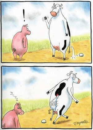 Карикатура Что было раньше, корова или яйцо?